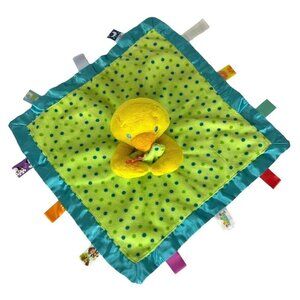 Taggies Yellow Duck Plush Lovey Security Blanket Green Dot Satin Back Sensory